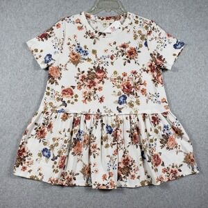 Perfect Peach Womens L Babydoll Top White Floral Peplum Boho Cottagecore NWT